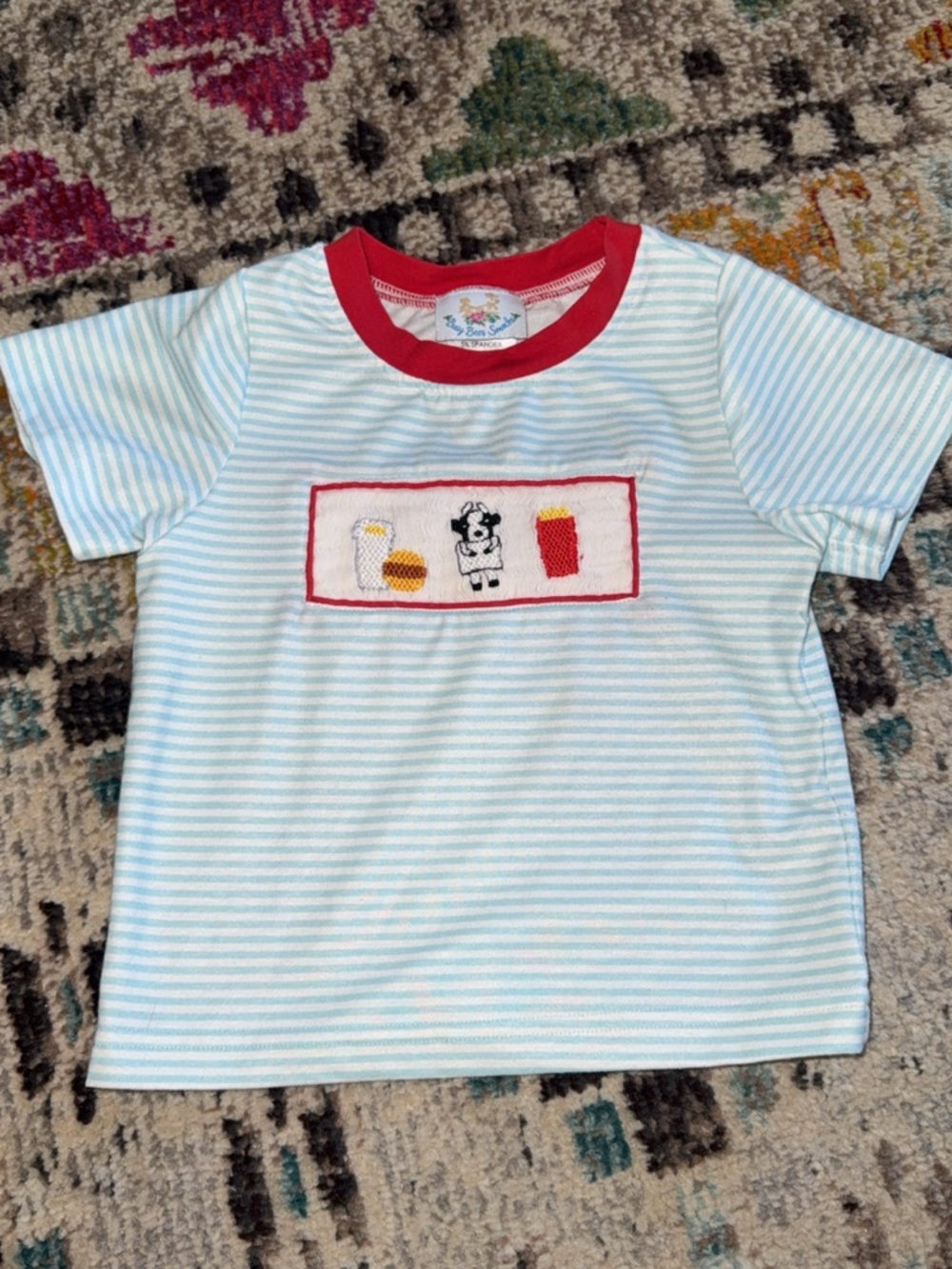 Red-Trim Blue Stripe Kids Tee with Cow Motif